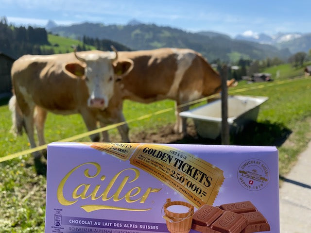 cailler milchschokolade vor alpenkuh und bergpanorama